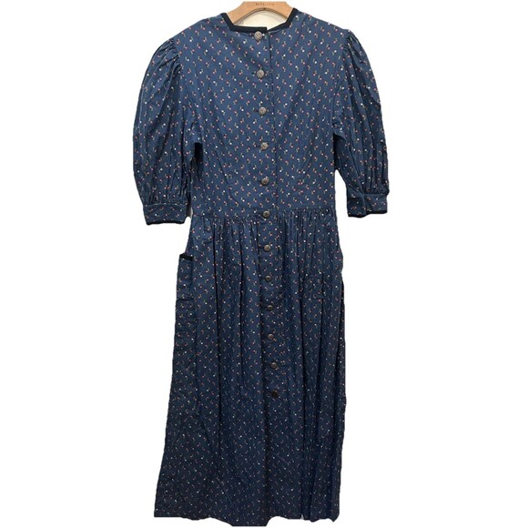 Vintage Landhause Oktoberfest Dirndl Dress Size 40 German Floral Blue Buttons - Picture 1 of 11
